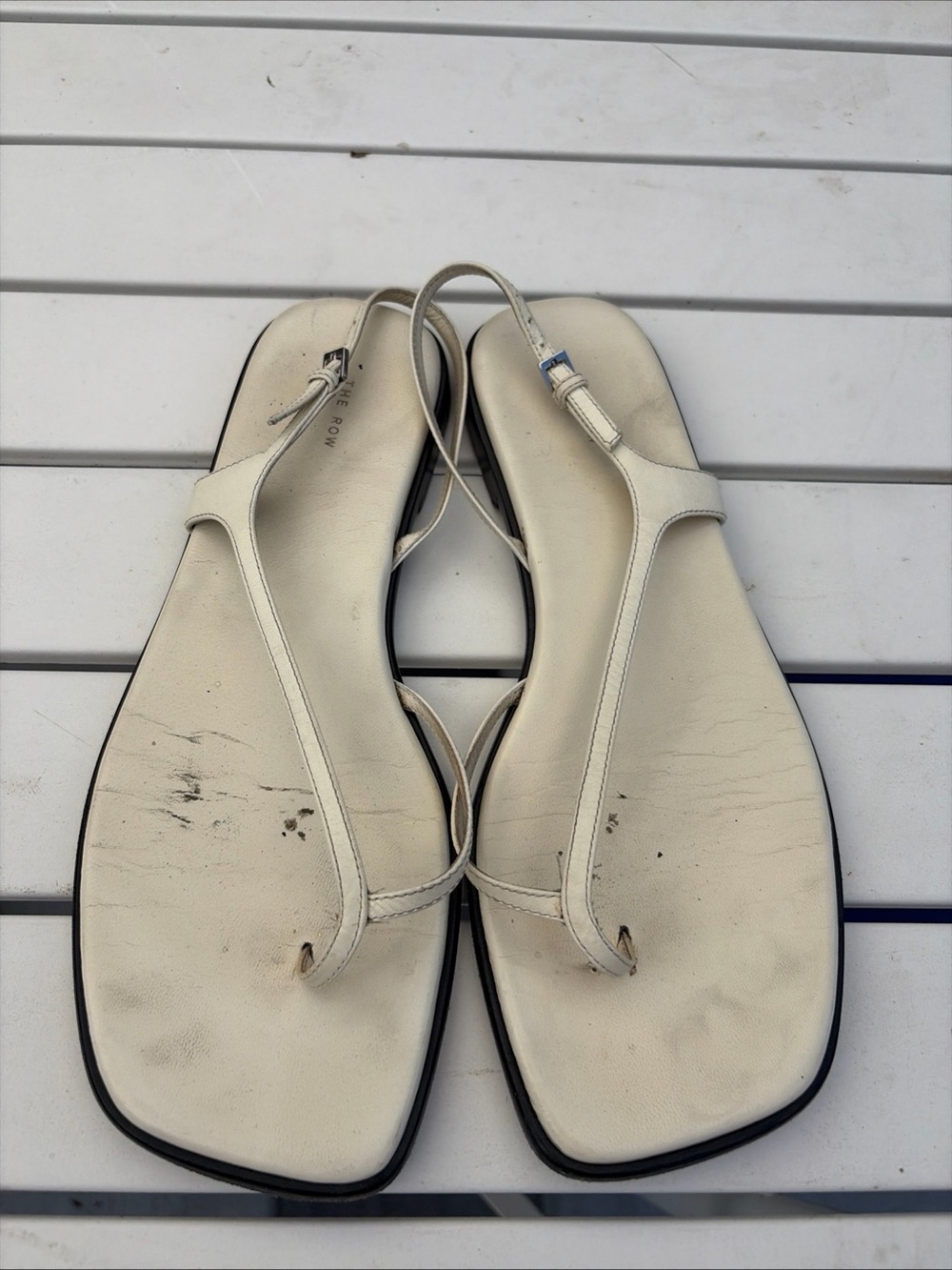 Women's White Leather Square-Toe Thong Sandals